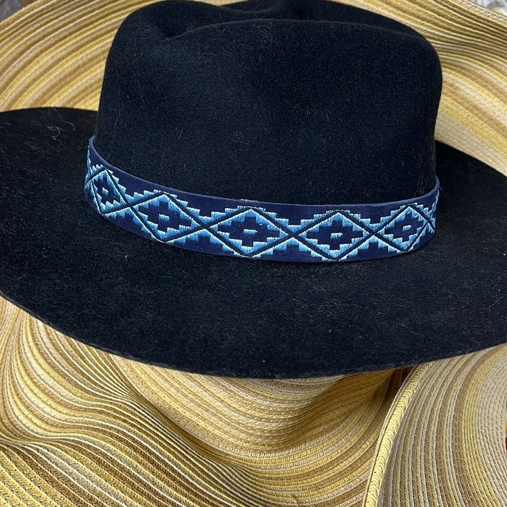 Anthropologie Wyeth Navy Fedora Hat with Blue Patterned Band O/S - Picture 2 of 3